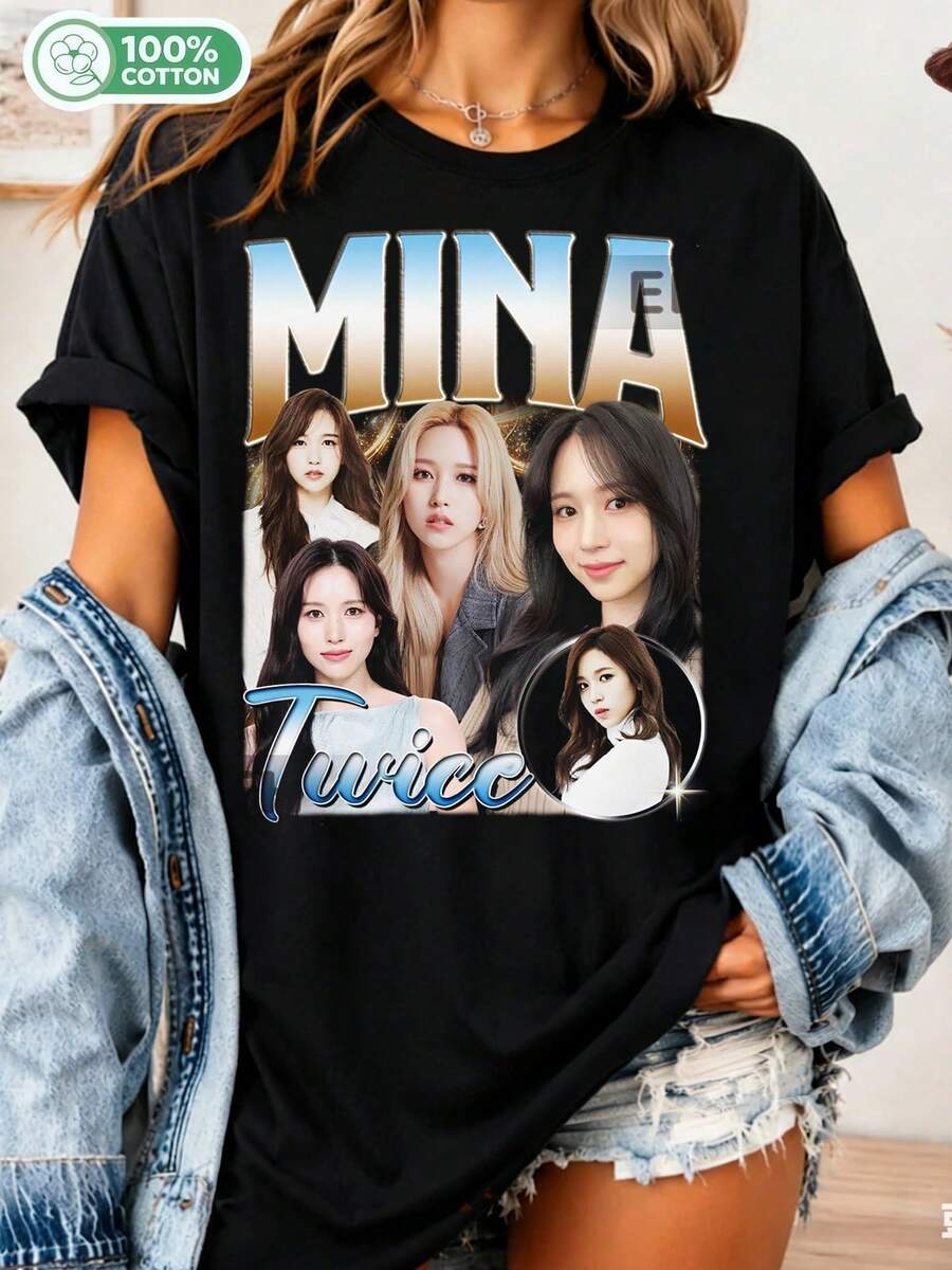 Mina TWICE 90s Retro Graphic T-Shirt, Unisex Vintage Style K-Pop Idol Cotton T-Shirt, Casual Top For Fans. - Black - View 1