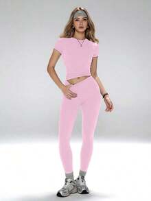 Conjunto de yoga para mujer, pantalones deportivos de cintura alta, conjunto deportivo moldeador de 2 piezas, conjunto de yoga con control de abdomen, camiseta de cuello redondo ajustada emparejada con pantalones de yoga de cintura alta, conjunto esen - Rosa - Ver 4