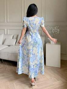 Vestido de mujer de ajuste ceñido con cuello cruzado, botones de perlas y mangas abullonadas - Azul - Ver 2