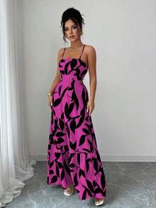 Vestido largo elegante de mujer con estampado y cintura ceñida - Multicolor - Ver 4