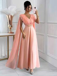 Nuevo vestido ligero con decoración de cinturón de cintura fruncida, diseño de lazo en la espalda, elegante y grácil vestido casual para la temporada de bodas y vacaciones - Rosa vieja - Ver 8