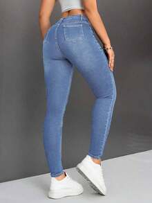 PETITE Jeans De Cintura Alta Para Mujer Ajustados - Azul lavado medio 2 - Ver 2