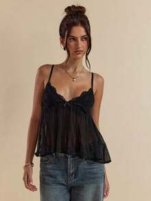 Camisola de Encaje y Chifón Negra con Cuello en V y Tirantes Ajustables para Mujer, Ideal para Vacaciones, Primavera/Verano - Negro - Ver 5