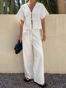 Conjunto de blusa de manga corta blanca con nudo delantero y pantalones vaqueros de corte holgado para mujer, conjunto de atuendo de verano - Blanco - Ver 3