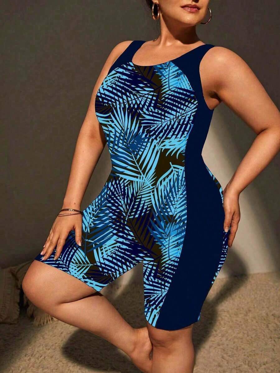 Swim Lushoire Traje de baño de una pieza con estampado floral, estilo vacacional para tallas grandes - Multicolor - Ver 1