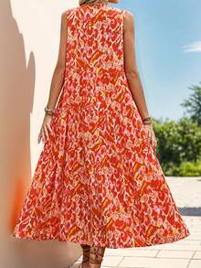 Bohemian-Style Fringe Tie-Up Printed Maxi Dress For Women's Summer And Spring Vacation - Orange-red - View 2