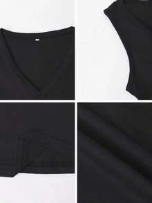 Camiseta de tirantes ajustada con escote en V profundo para mujer  top de punto de unicolor, ropa deportiva para mujer, ropa de carnaval de primavera y verano 2026, adecuada para uso diario, trabajo y casual - Negro - Ver 9