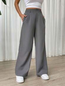 Pantalones rectos de cintura alta de color liso informal - Albaricoque - Ver 8