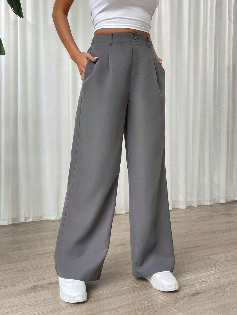 Pantalones rectos de cintura alta de color liso informal - Gris - Ver 1