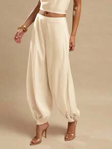 Pantalones palazzo de satén para mujer, elegantes pantalones holgados de color amarillo jengibre, adecuados para salidas, brunch, verano, bodas, luna de miel, vacaciones en la playa - Albaricoque - Ver 5