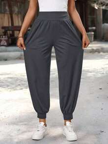 Pantalones casuales de mujer de cintura alta, plisados, con bolsillos y cordón - Gris - Ver 8