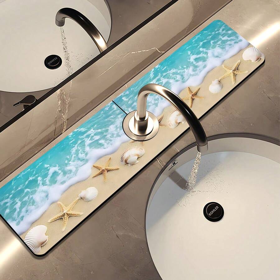 1 pieza Alfombrilla de grifo con diseño de tema oceánico, de poliéster duradero, de secado rápido y fácil limpieza, adecuada para cocina y baño, fácil instalación, decoración diaria, regalo, alfombrilla de baño, alfombrilla de grifo duradera, accesorio de grifo - Multicolor - Ver 1