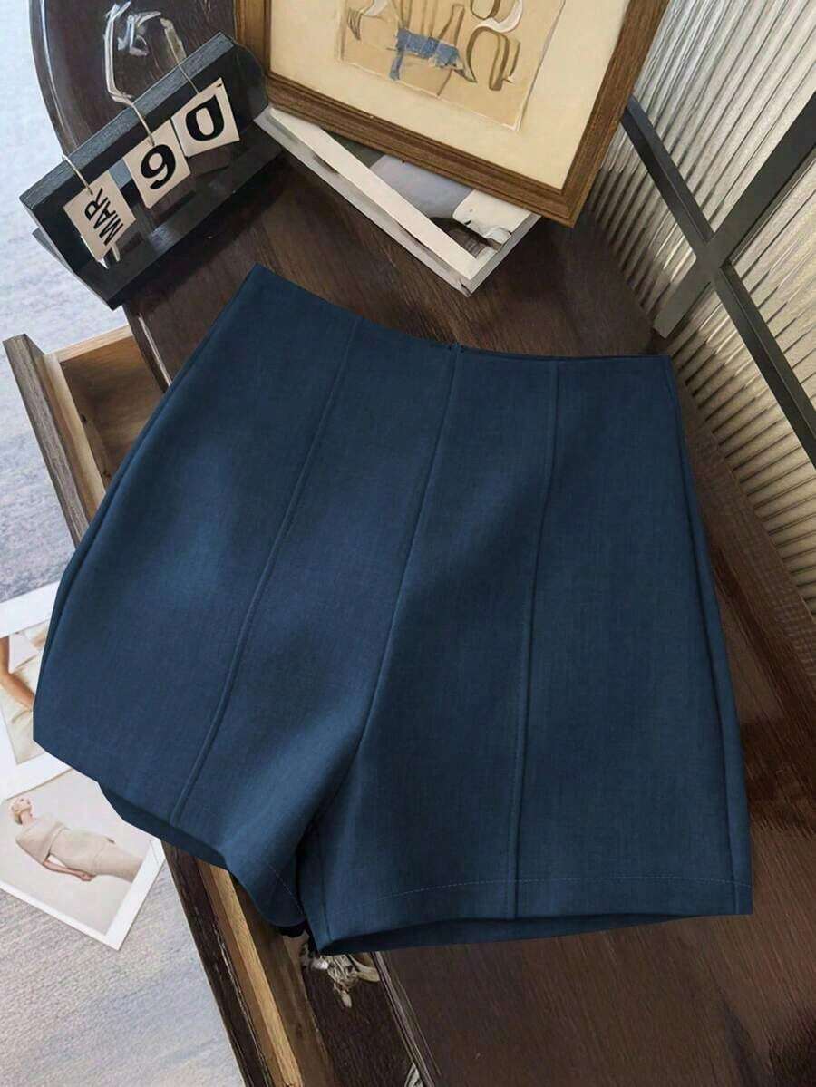 Shorts de mujer de cintura alta de color gris oscuro minimalista y de moda, con cierre de cremallera en la espalda, adecuados para el uso diario, citas y ocasiones románticas - Agua verde azul - Ver 1