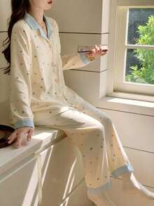 2 piezas Conjunto de pijama para mujer, parte superior con estampado de lunares de colores con bolsillo, estampado de perro de dibujos animados, pantalones cómodos, adecuado para primavera, otoño e invierno - Multicolor - Ver 4