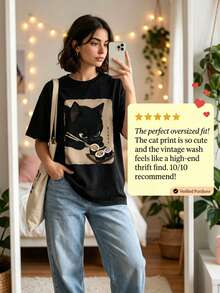 Women's Clothing, Fun Japanese Style With Black Cat Eating Sushi Print, Korean Version, Comfortable And Versatile Retro Fashion For Daily Travel, Y2k Women's Clothing. Short-Sleeved, Round-Neck, Fitted, Black, Niche Punk Style, From The Washed Retro Series, Comfortable, Made Of Pure Cotton, Which Allows You To Easily Create Retro Casual Clothes, Suitable For Daily Commute, Casual Outings, Daily Use, Classic Retro Clothing For Women. - 黑色 - 查看 2