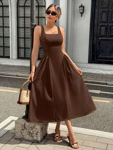 Vestido maxi elegante de mujer con cuello cuadrado, sin mangas y plisado de unicolor - Marrón - Ver 3