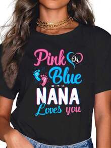 Camiseta 100% Algodón Rosa o Azul con Estampado 'Nana Loves You' para Revelación de Género y Baby Shower, Camiseta Gráfica para Hombre y Mujer, Cuello Redondo, Estilo Clásico, Moda Verano, Vacaciones - Negro - Ver 6