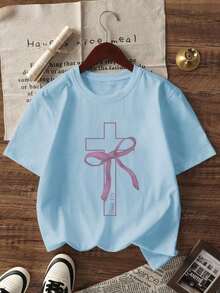 1 pieza de camiseta de manga corta con cuello redondo y estampado de mariposas y cruces para niñas, ropa de verano para estudiantes jóvenes - inspira la imaginación y la autoexpresión. - Celeste - Ver 3