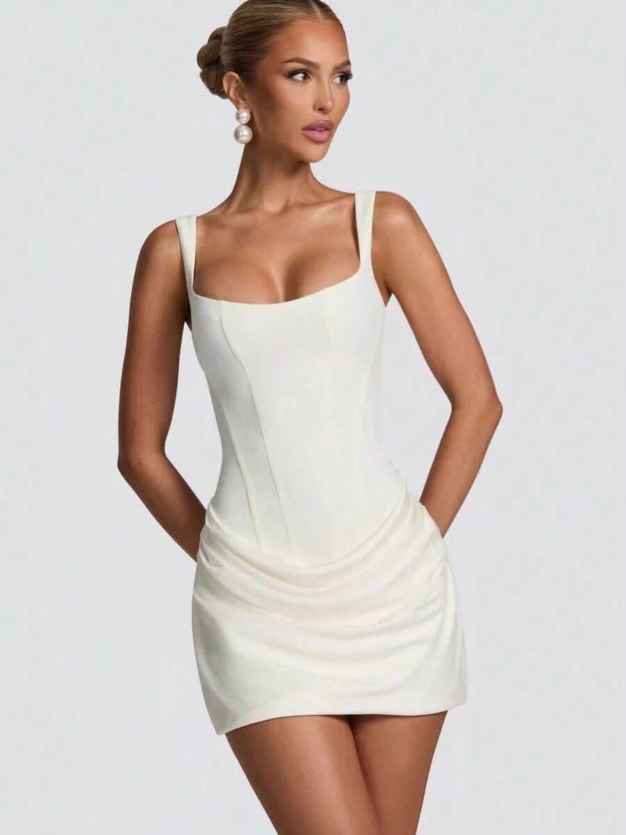 Vestido corto tirantes plisado con corsé, lazos espalda descubierta ajustado sensual moda - Blanco - Ver 1