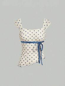Conjunto de 2 piezas para mujer con lunares: top con dobladillo asimétrico y falda de cola de pez de cintura baja con decoración de lazo, retro, vintage, conjunto de verano de dos piezas, para invitada de boda, vacaciones, cumpleaños, concierto - Azul - Ver 7