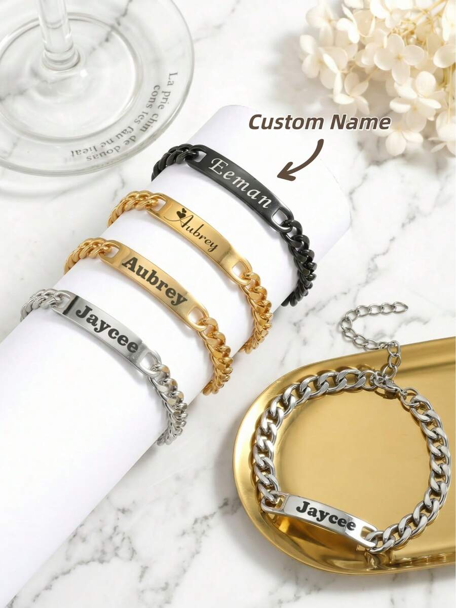 1 chiếc vòng tay đôi khắc tên theo yêu cầu, vòng tay mặt dây chuyền thép không gỉ, vòng tay khắc tên cá nhân, vòng tay khắc ngày tháng bằng laser, vòng tay mặt dây chuyền cong khắc chữ theo yêu cầu, vòng tay khắc tên cá nhân tự làm thời trang, quà tặng cho bạn trai, quà tặng Ngày của Cha, vòng tay nam mặt dây chuyền, quà tặng gia đình - Vòng tay đôi - Xem 1