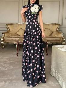 Spring 2026 Maxi Dress, Loose-Fitting With Floral Print, Elegant And Modern Style - 黑色 - 查看 7