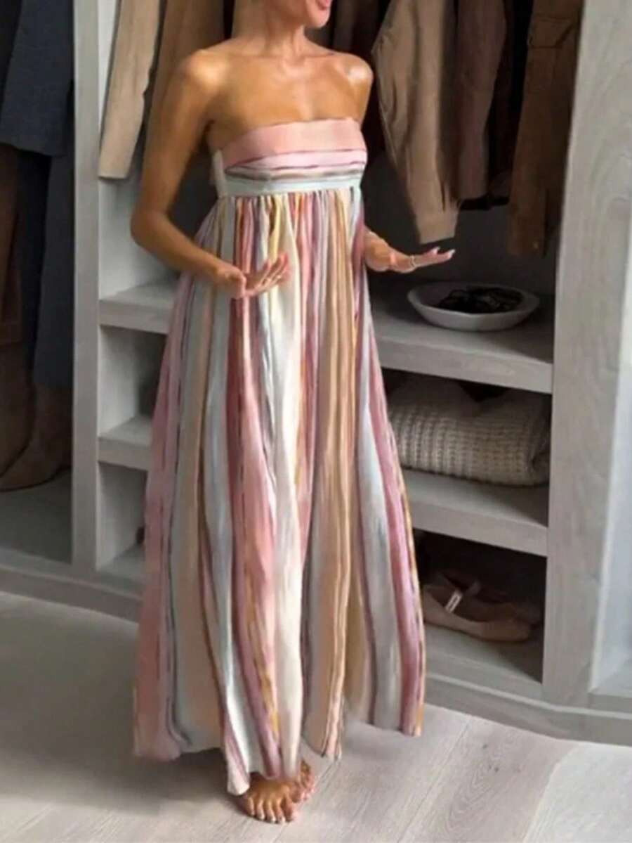 Vestido largo primavera 2026, holgado elegante, escote bandeja plisado de colores - Multicolor - Ver 1