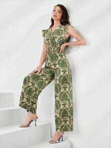 Conjunto de 2 piezas con parte superior con volantes y estampado de plantas en toda la superficie, y pantalones de pierna ancha - Verde militar - Ver 5
