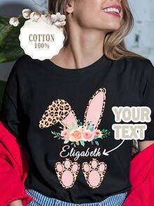Producto Personalizado: Orejas de Conejo de Pascua con Diseños Florales, Personaliza con el Texto que Desees, Camiseta 100% Puras, Camiseta DIY con Diseño de Nombre Personalizado - Negro - Ver 7