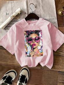 Camiseta manga corta cuello redondo 100% algodón, estampado trendy, tejido ligero y ventilado, estilo moda casual, apta para vida diaria, salidas informales y citas en primavera, verano y otoño - rosa - Ver 6