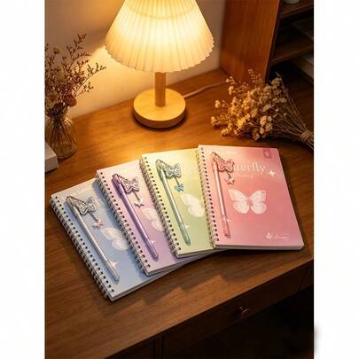 1 Set (1 Defter + 1 Kalem) A5 Boyutunda Spiralli Defter, Kelebek Kalem, Her Biri 60 Sayfa, Zarif Aşk Mektubu ve Kelebek Tasarımı, Çizgili Kağıtlı Günlük Defteri, Hediye Olarak Uygun, Kız Çocuk Günlüğü, Ofis veya Okul Malzemesi (Rastgele Renk)