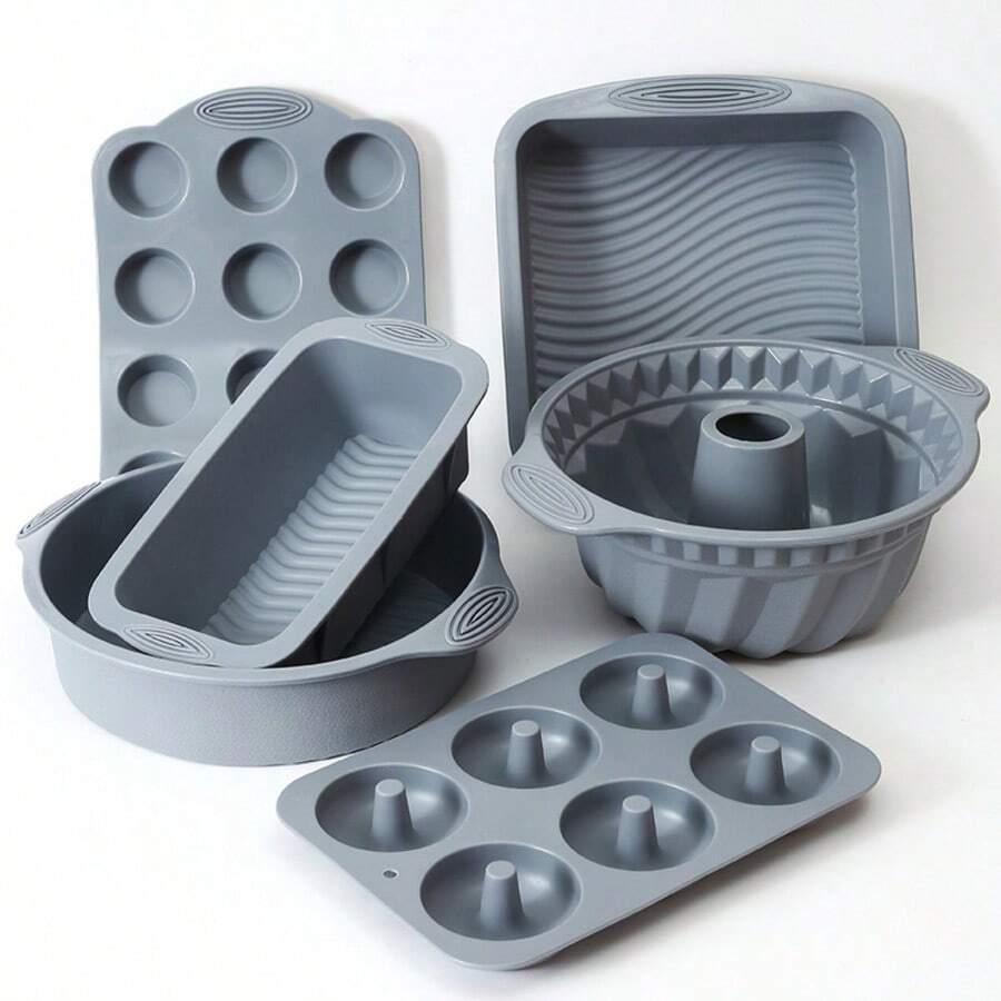 1/6pcs Gray Silicone Baking Mold Set, Easy Release, With Non-Slip Heat-Resistant Handles, Reusable, Only For Making Cakes, Donuts, Etc., Suitable For Home Kitchen Baking, Birthday Cakes And Dessert Making