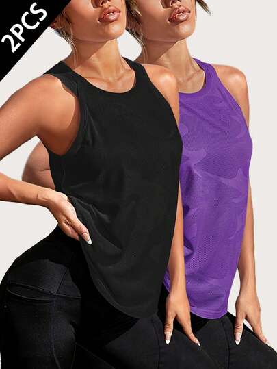 2 Packs Women Jacquard Camo Print Workout Tank Tops Sleeveless Athletic T Shirts Breathable Racerback Sports Tops Quick Dry Gym Tops For Yoga Running Training