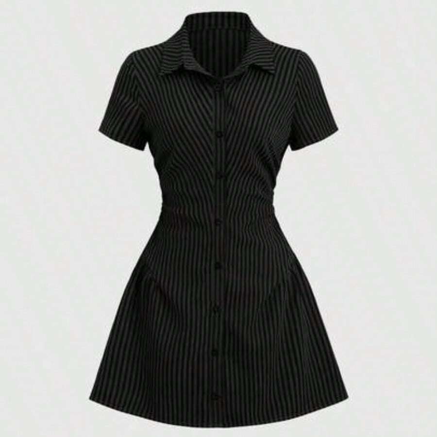 Sweetro Sweet & Fresh Pink Short Sleeve Shirt Dress, Waist Cinched Slimming Stylish Blouse Dress For Summer - Negro - Ver 1