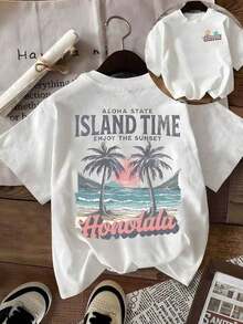 1 Piece Unisex Oversized Valentine's Day T-Shirt, Retro Honolulu Beach Design With Graphic Print Of Palm Trees And Sunset, Double-Sided Design With Small Print On Chest And Large Art On Back, Vibrant Short Sleeve T-Shirt Perfect For Romantic Dates, Tropical Getaways Or Daily Wear, A Thoughtful Gift To Express Love And A Relaxed Vibe, Made With Soft And Breathable Fabric For All-Day Comfort, (Single Item, Material: 100% Cotton) 180g 100% Cotton. - 白色 - 查看 1