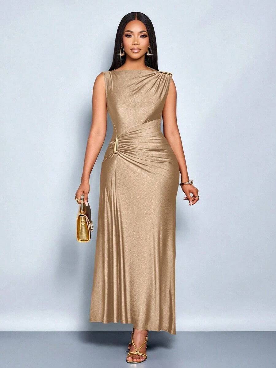 Vestido elegante de mujer con decoración de metal de unicolor, ajuste delgado, adecuado para el uso diario, compras, fiestas y reuniones - Caqui - Ver 1