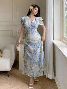 Vestido de mujer de ajuste ceñido con cuello cruzado, botones de perlas y mangas abullonadas - Azul - Ver 6