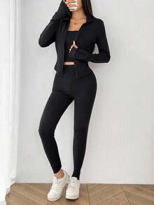 Conjunto deportivo de 3 piezas para mujer: Cárdigan de punto con cremallera + Camiseta + Pantalones en color negro - Multicolor 2 - Ver 9