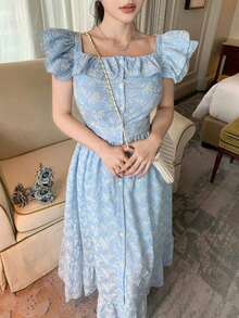Vestido de tirantes, con volantes, estampado floral diminuto, con cuello de pico, estilo para ir al trabajo, vestido largo - Azul - Ver 2