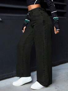 PETITE Jeans rectos de pierna suelta y lavados para mujer - Negro - Ver 6