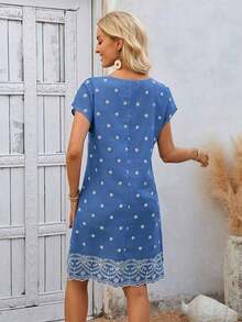Faunlyn Vestido de verano para dama con cuello en V bordado, lazo y detalles ahuecados - Azul - Ver 2