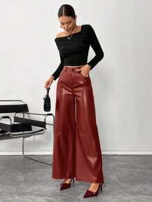 Pantalones de piel lisos con botón delantero, pantalones casuales minimalistas para mujer, para uso diario, prendas inferiores para mujer - Color caoba - Ver 3