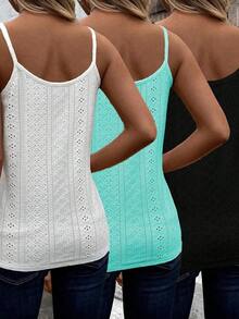 3 piezas Camiseta de mujer de verano casual con encaje calado y textura de punto, top de verano para mujer, top de verano bohemio, top de verano para mujer, top de verano con cuello en V, top de encaje para mujer - Multicolor 11 - Ver 2