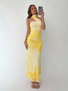 Vestido de mujer elegante y sexy con estampado floral de malla - Amarillo - Ver 6