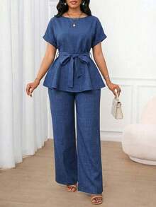 Lady Conjunto de dos piezas de mujer con top de manga corta y pantalones rectos sueltos, de unicolor, tela jacquard casual y elegante, cintura suelta y bajo en A. Apto para usar en primavera, verano y otoño. Atuendos de oficina, de vuelta al colegio, de iglesia, de salida y modestos para el aeropuerto. - Azul - Ver 6