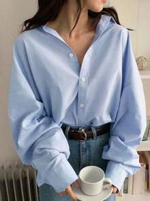 Camisa oversize con botones sólidos y hombros caídos, blusas de manga larga con estilo preppy, ropa de mujer para otoño - Celeste - Ver 9