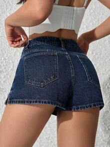 PETITE Pantalones cortos de mezclilla lisos para mujer, de moda para el verano - Azul lavado oscuro 2 - Ver 2