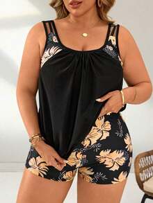 Swim Lushoire Set de 2 piezas para mujer con estampado floral tropical y diseño sin espalda, en talla grande, para verano, que estiliza la figura y es informal para la playa - Naranja - Ver 6