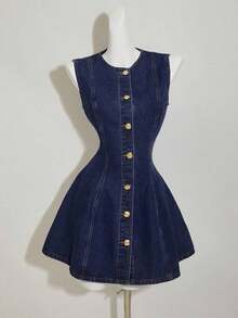Vestido mini sin mangas de denim para mujer, ajustado casual, azul - Azul lavado oscuro - Ver 5