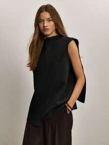 Blusa suelta con bajo asimétrico de unicolor para mujer - Negro - Ver 1